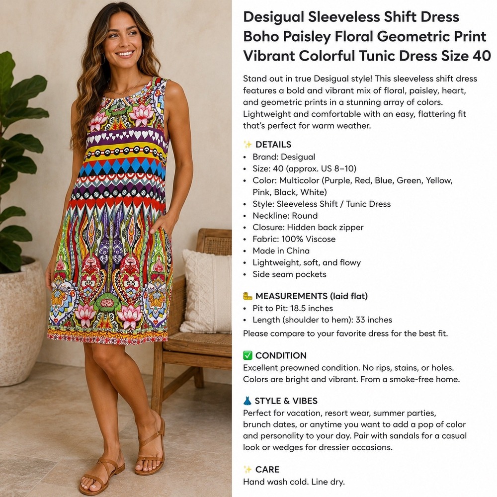 Desigual Size 40 Sleeveless Shift Dress Boho Floral Geometric Paisley Colorful